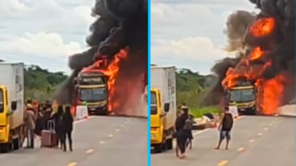 Leia mais sobre o artigo Vídeo: ônibus pega fogo na BR-364 em viagem entre Rio Branco e Porto Velho