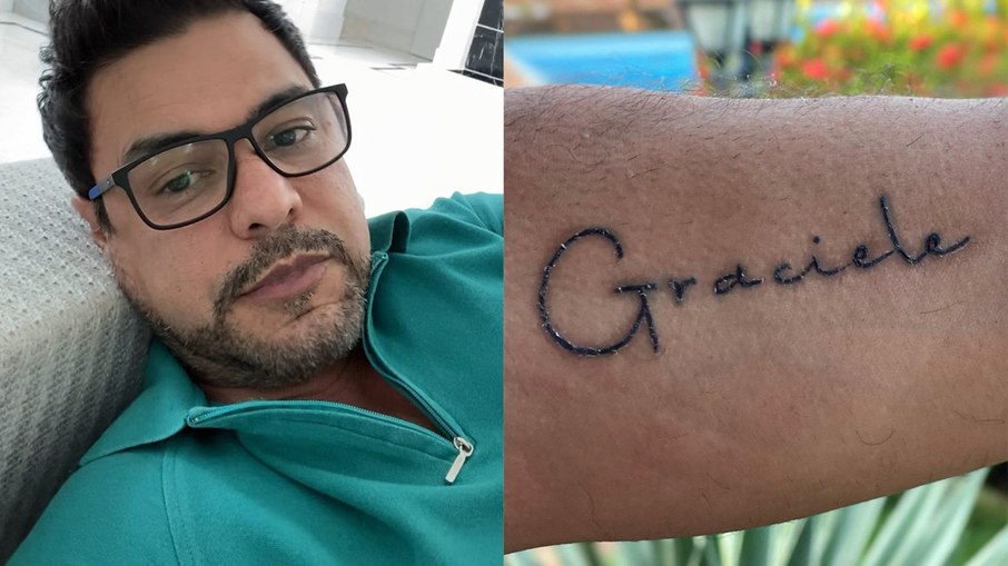 Leia mais sobre o artigo Zezé Di Camargo faz tatuagem com nome de Graciele Lacerda e com o rosto do pai